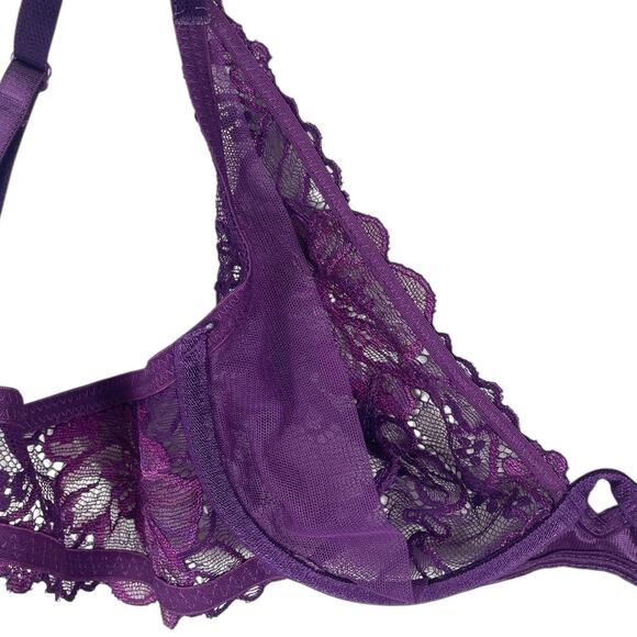 Wacoal Lace Plunge Bra Floral Sheer Feminine Romantic 95730 Purple Size 34B - Picture 10 of 12